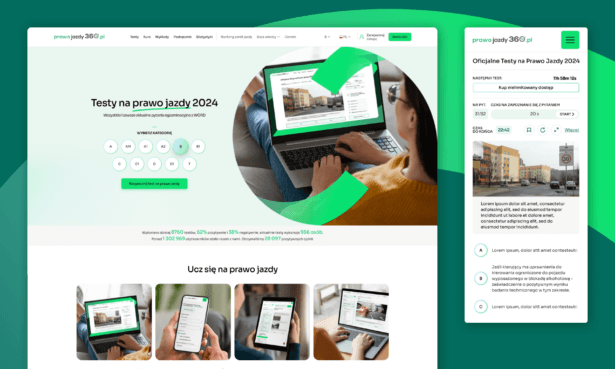 Okładka case study Prawo Jazdy 360: mockup nowoczesnej strony głównej (desktop) oraz interfejsu testu teoretycznego w wersji mobilnej.