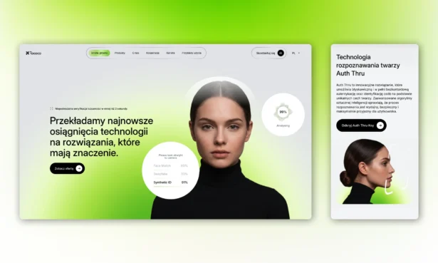 Strona główna Rococo Poland – projekt UX/UI sekcji hero z minimalistyczną typografią, zielonymi akcentami i prezentacją technologii biometrycznej Auth Thru.