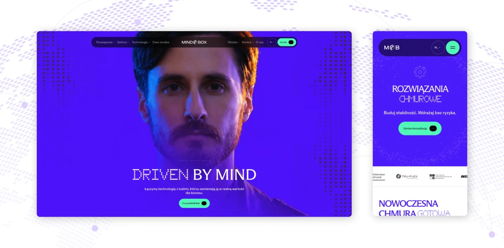 Okładka case study MINDBOX: animacja strony głównej na ekranie desktop oraz widok smartfona z sekcją hero podstrony Rozwiązania chmurowe autorstwa Wise People
