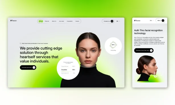 Rococo Poland website homepage – UX/UI design of the hero section featuring minimalist typography, green accents, and the Auth Thru biometric system.