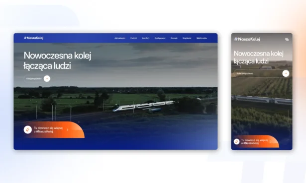 Projekt strony głównej NaszaKolej.gov.pl z multimedialną sekcją wideo w hero – widok desktop oraz mobile autorstwa Wise People