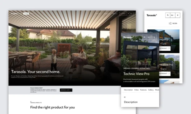 Mockups of the Tarasola website: homepage view on a laptop screen alongside mobile views of a product page and product catalog on smartphones.