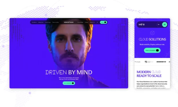 Okładka case study MINDBOX: animacja strony głównej na ekranie desktop oraz widok smartfona z sekcją hero podstrony Rozwiązania chmurowe autorstwa Wise People